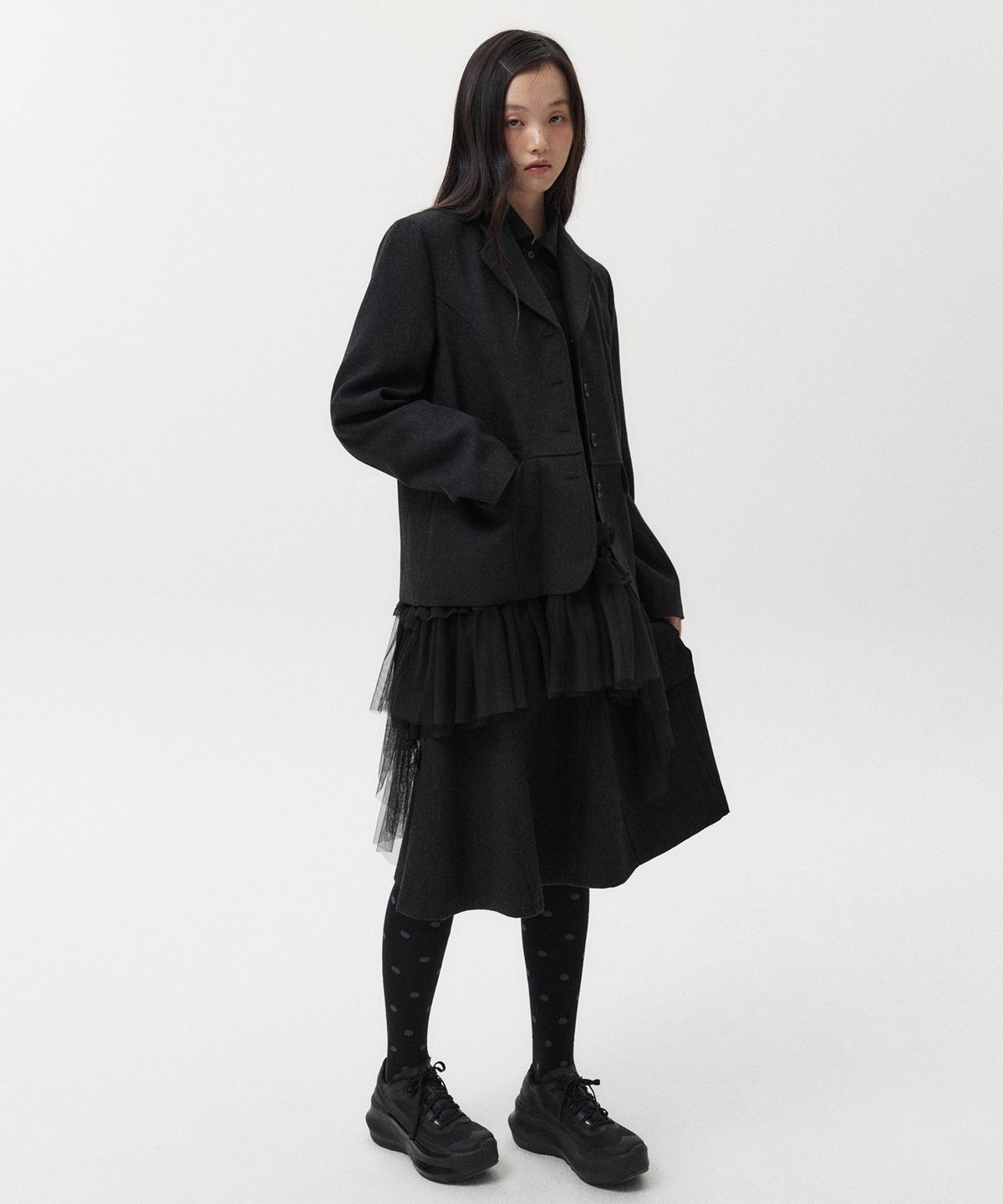 오헤시오(OHESHIO) WOOL TWILL A-LINE SKIRT, CHARCOAL