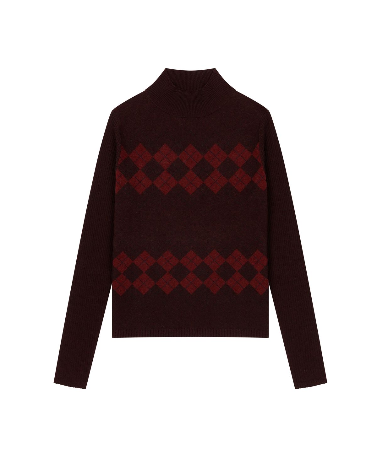 오헤시오(OHESHIO) ARGYLE HALF NECK RIBBED KNIT, BURGUNDY