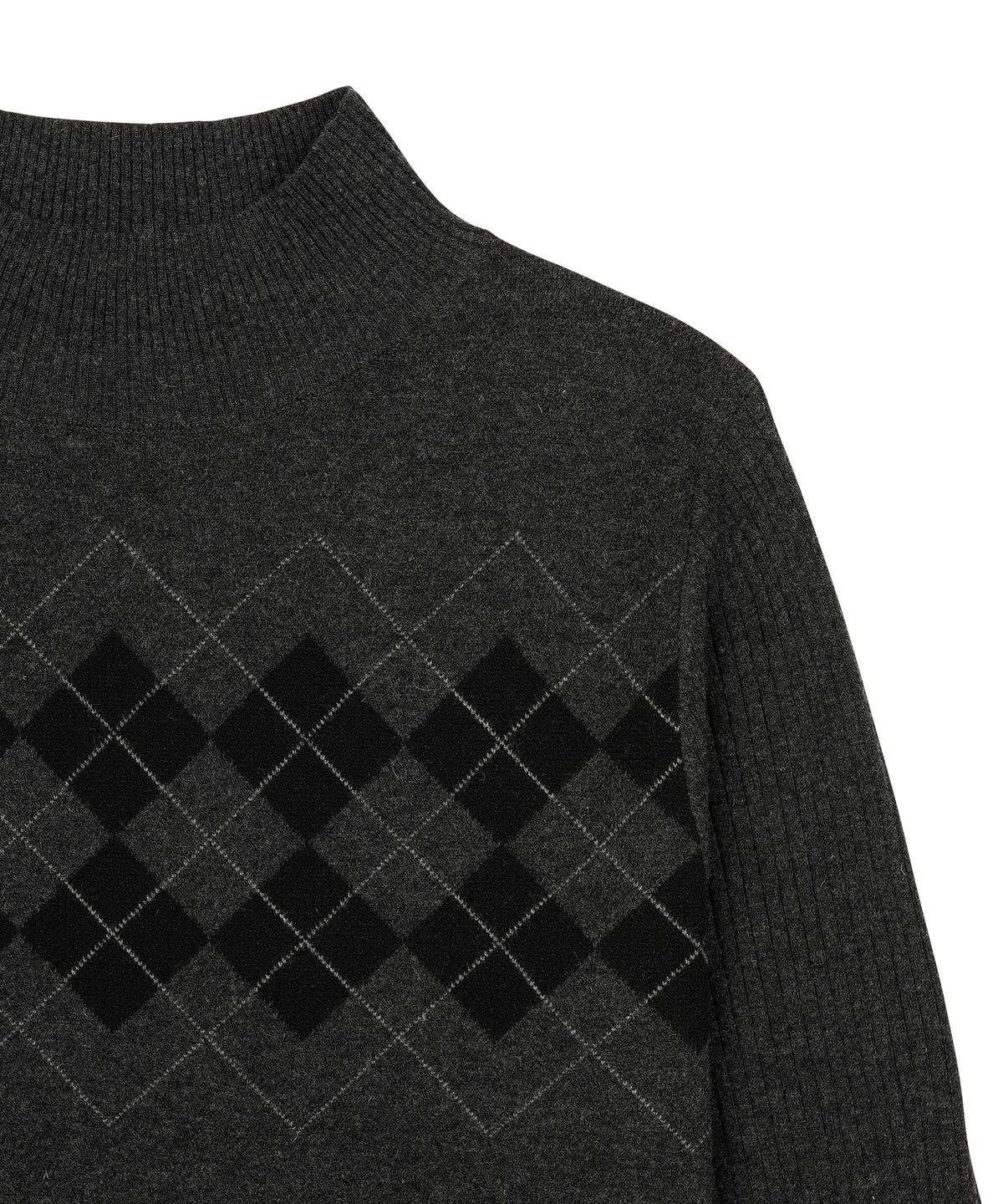 오헤시오(OHESHIO) ARGYLE HALF NECK RIBBED KNIT, CHARCOAL