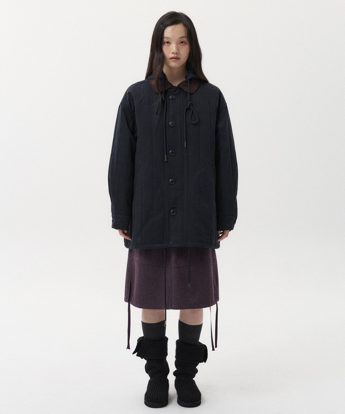 오헤시오(OHESHIO) CORDUROY COLLAR QUILTED JACKET, NAVY