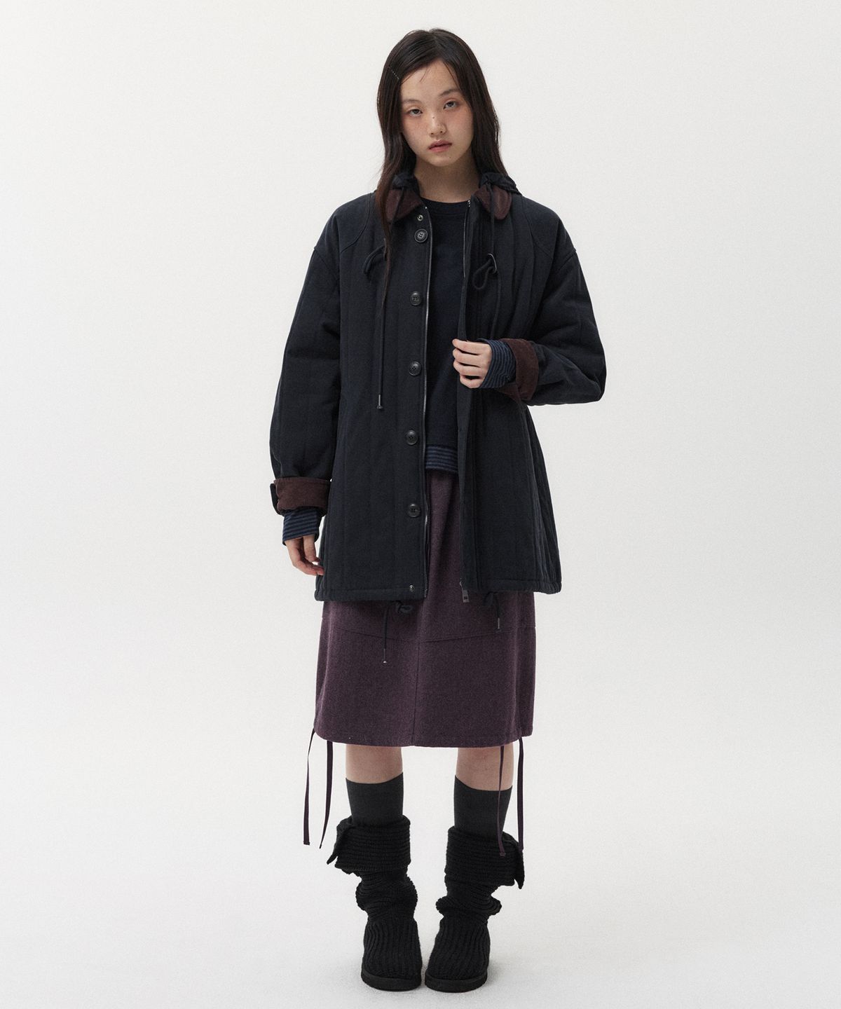 오헤시오(OHESHIO) CORDUROY COLLAR QUILTED JACKET, NAVY