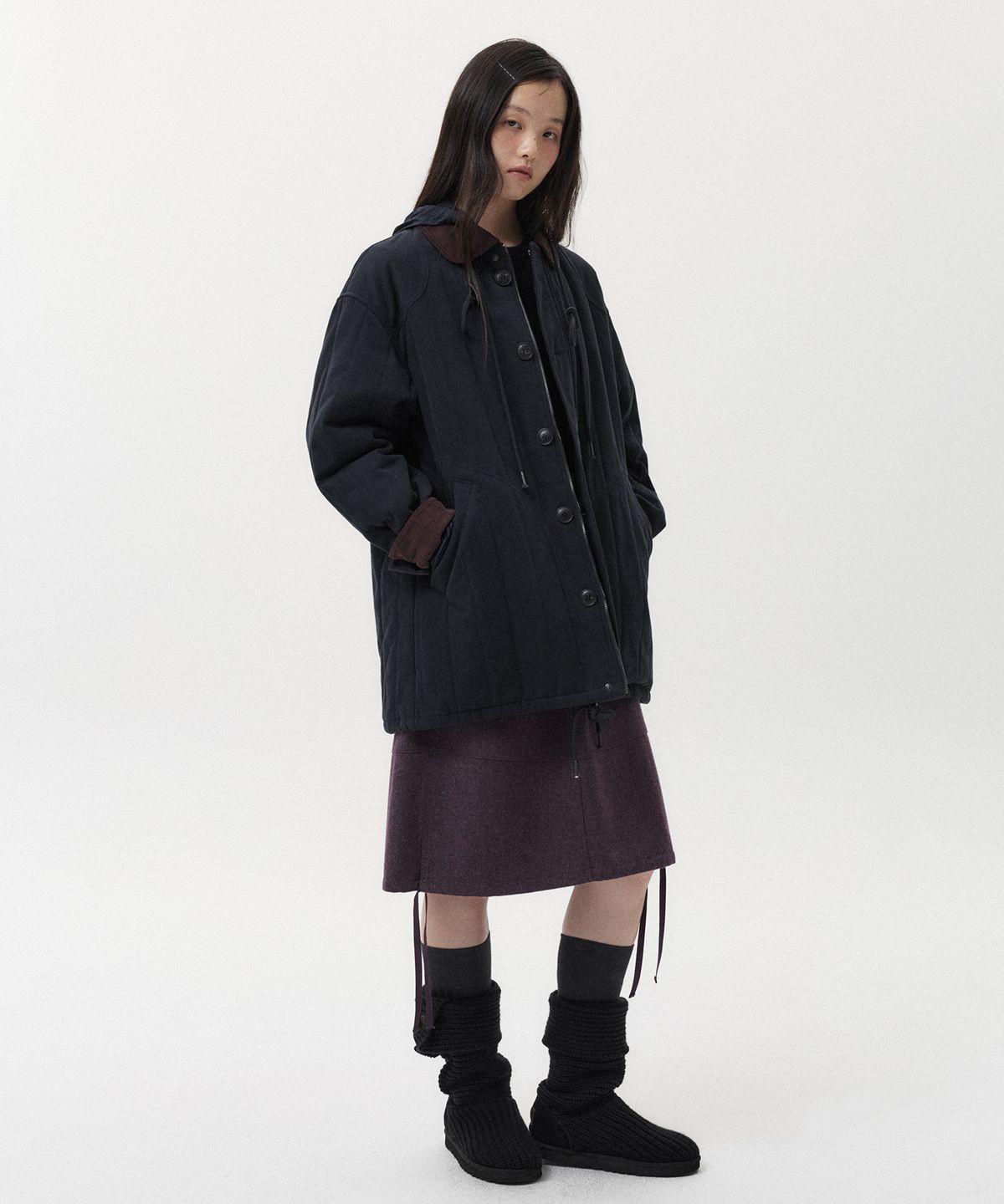 오헤시오(OHESHIO) CORDUROY COLLAR QUILTED JACKET, NAVY