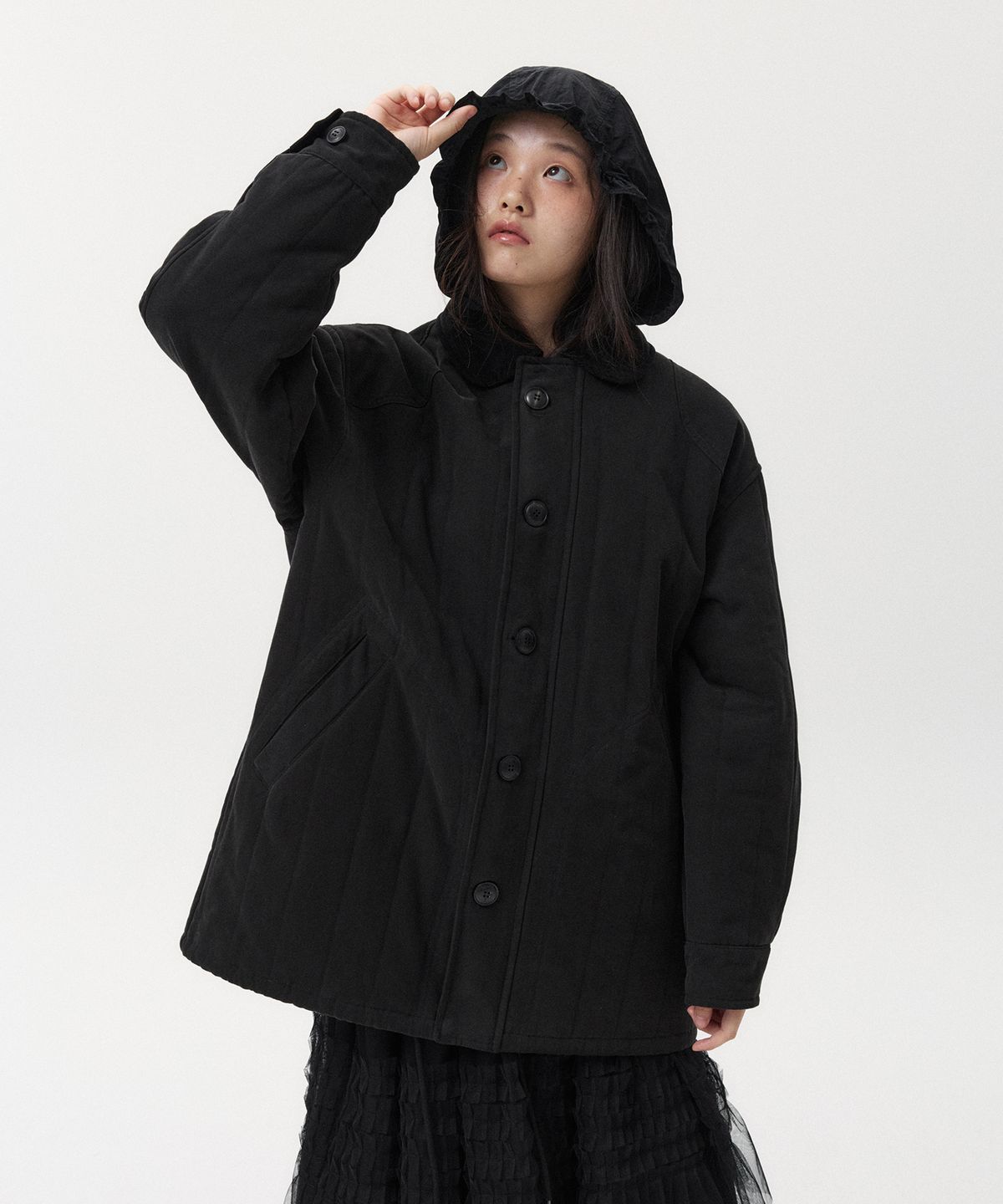 오헤시오(OHESHIO) CORDUROY COLLAR QUILTED JACKET, BLACK
