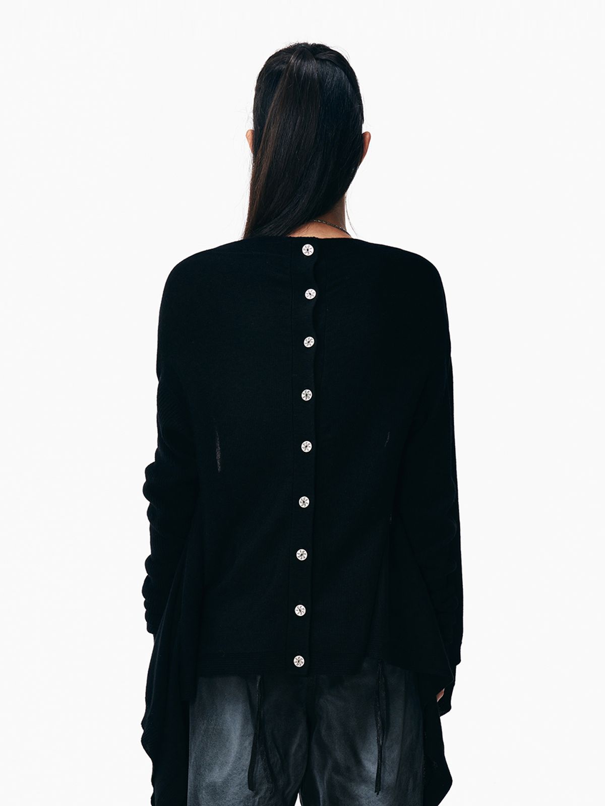 와이이이엘(YEEL) DRAPED BUTTON-DETAIL OPEN CARDIGAN BLACK