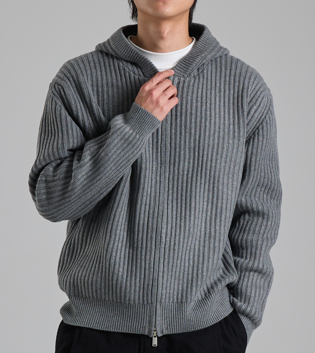버튼서울(BUTTON SEOUL) 미니멀 후드 집업 니트 가디건 (그레이)