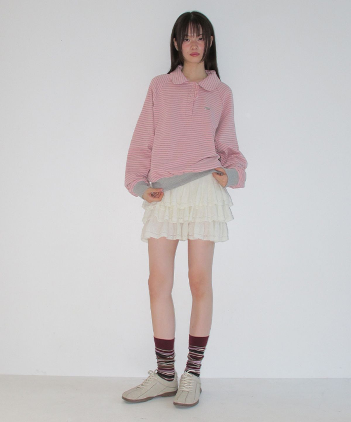 론론(RONRON) HENRYNECK FRILL POINT SWEATSHIRT PINK GREY STRIPE
