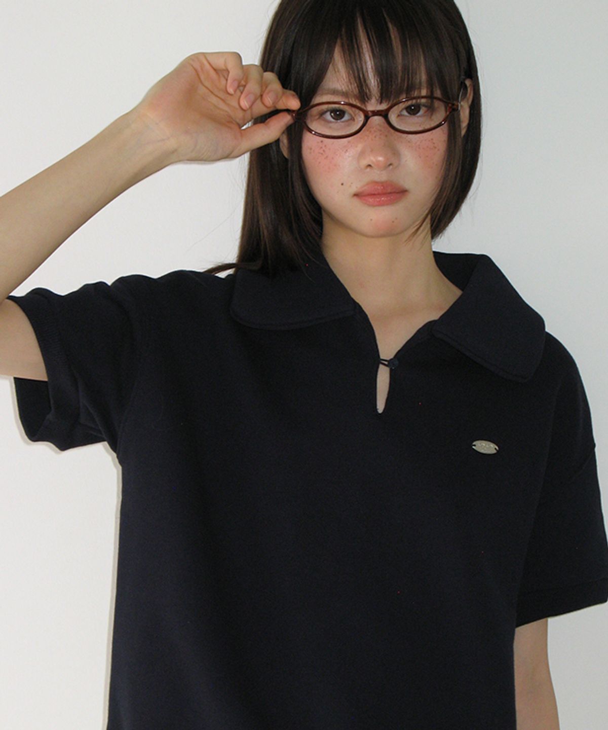 론론(RONRON) BUTTONED COLLAR HALF T SHIRT NAVY