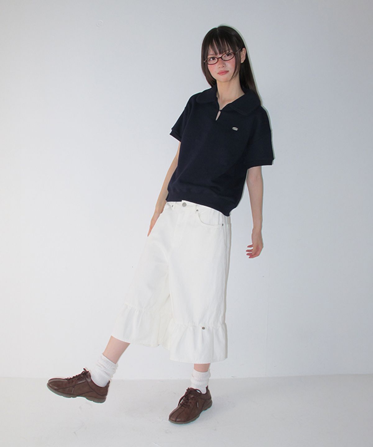 론론(RONRON) BUTTONED COLLAR HALF T SHIRT NAVY