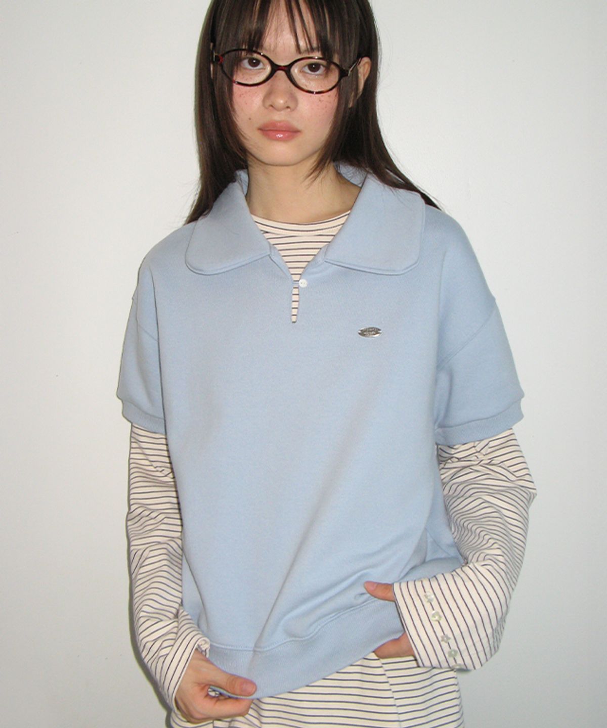 론론(RONRON) BUTTONED COLLAR HALF T SHIRT SOFT BLUE