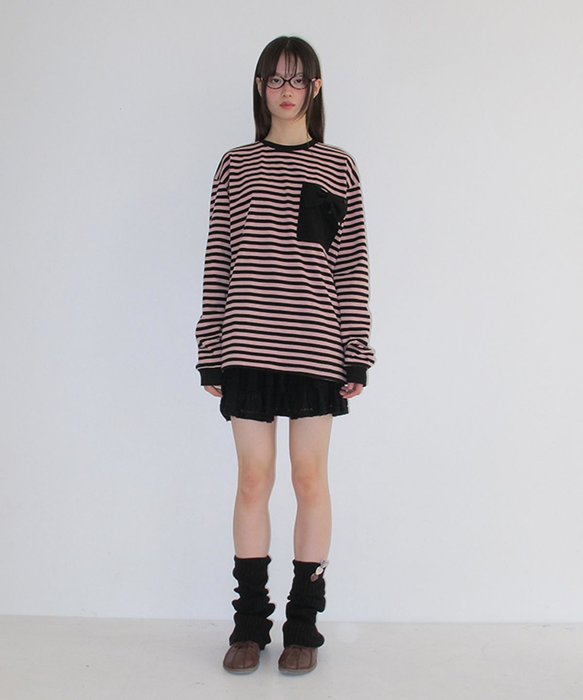 론론(RONRON) RIBBON POCKET STRIPE LONG SLEEVE BLACK PINK