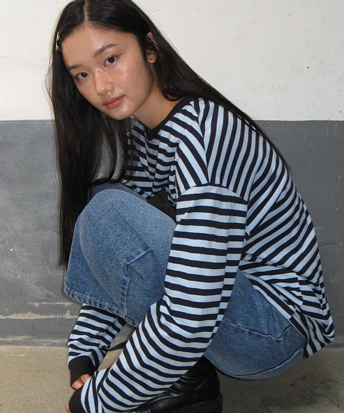 론론(RONRON) RIBBON POCKET STRIPE LONG SLEEVE NAVY BLUE