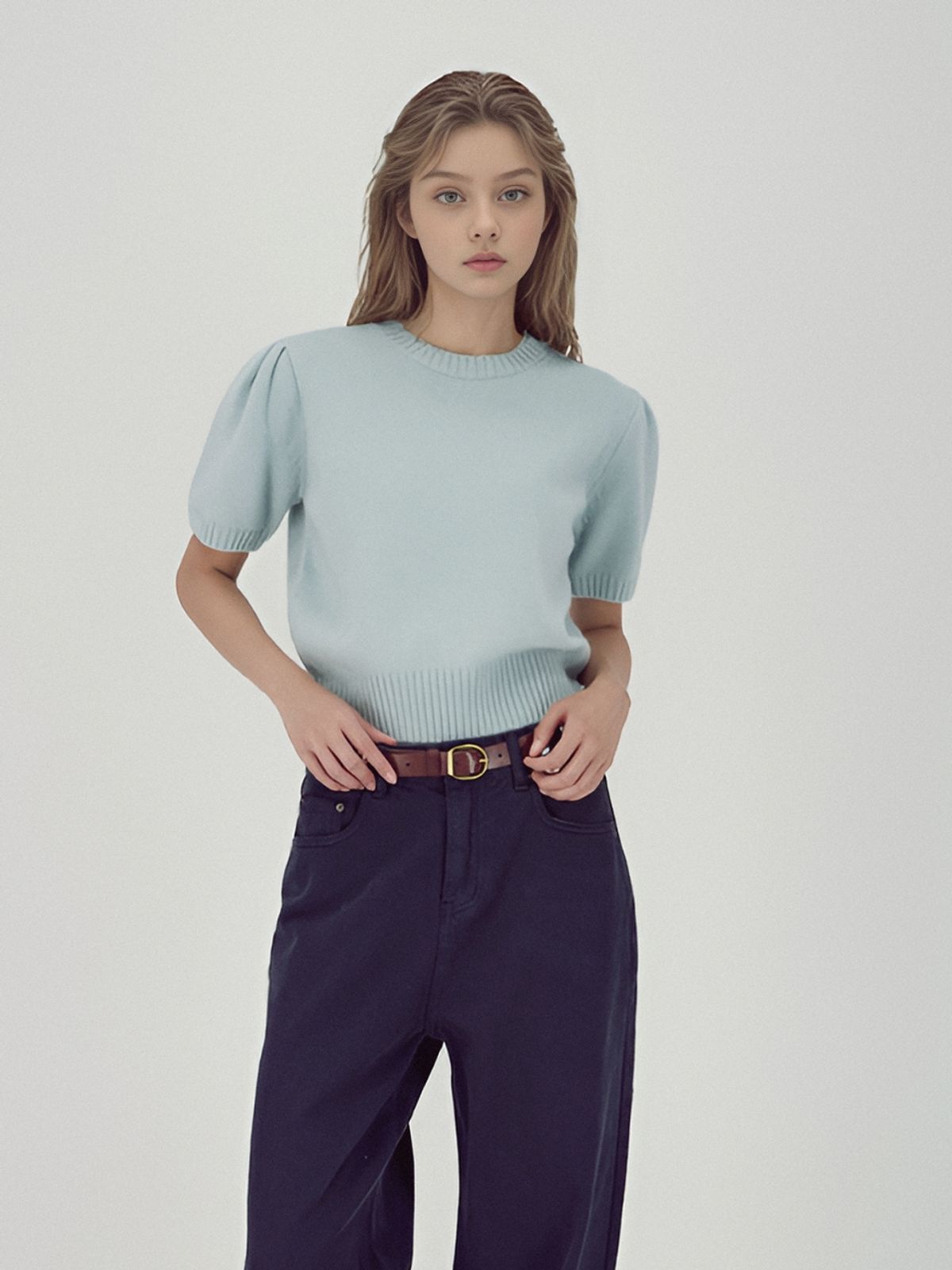 아쿠드(ACUD) Balloon Shoulder Half Knit _Sky