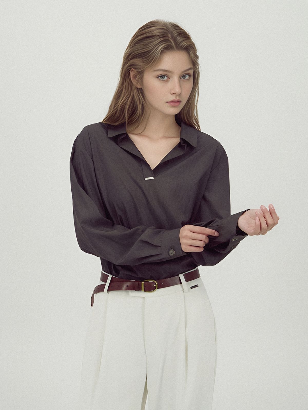 아쿠드(ACUD) Glossy Shirt Blouse _D.Brown