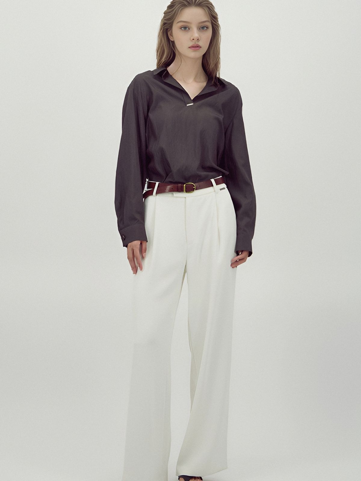 아쿠드(ACUD) Glossy Shirt Blouse _D.Brown