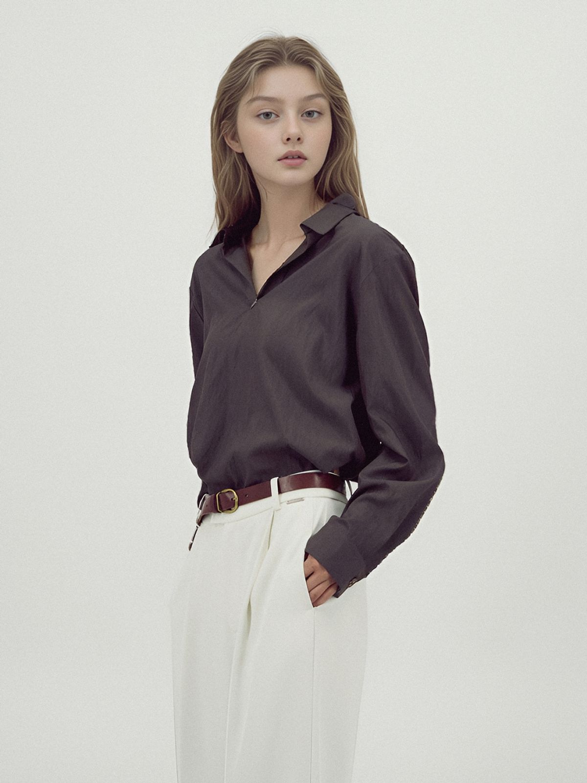 아쿠드(ACUD) Glossy Shirt Blouse _D.Brown