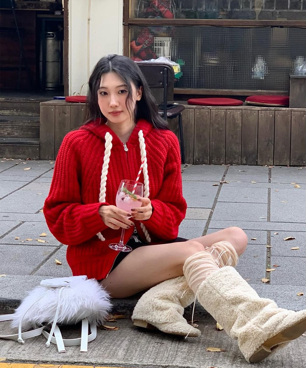 유희(YOUHEE) ROPE HOOD ZIP-UP KNIT RED