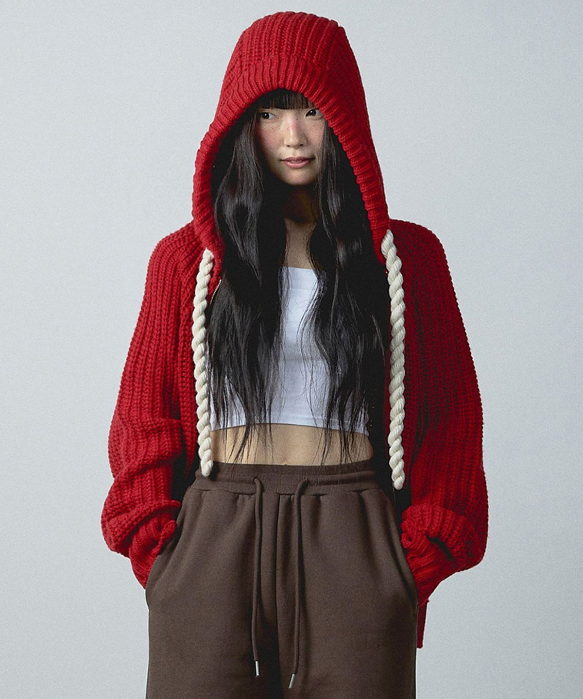 유희(YOUHEE) ROPE HOOD ZIP-UP KNIT RED