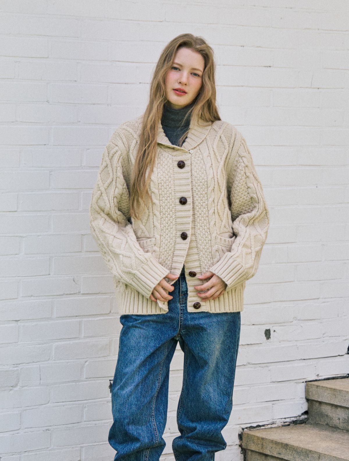 클루니(CLUNY) Aran shawl collar alpaca cardigan - beige
