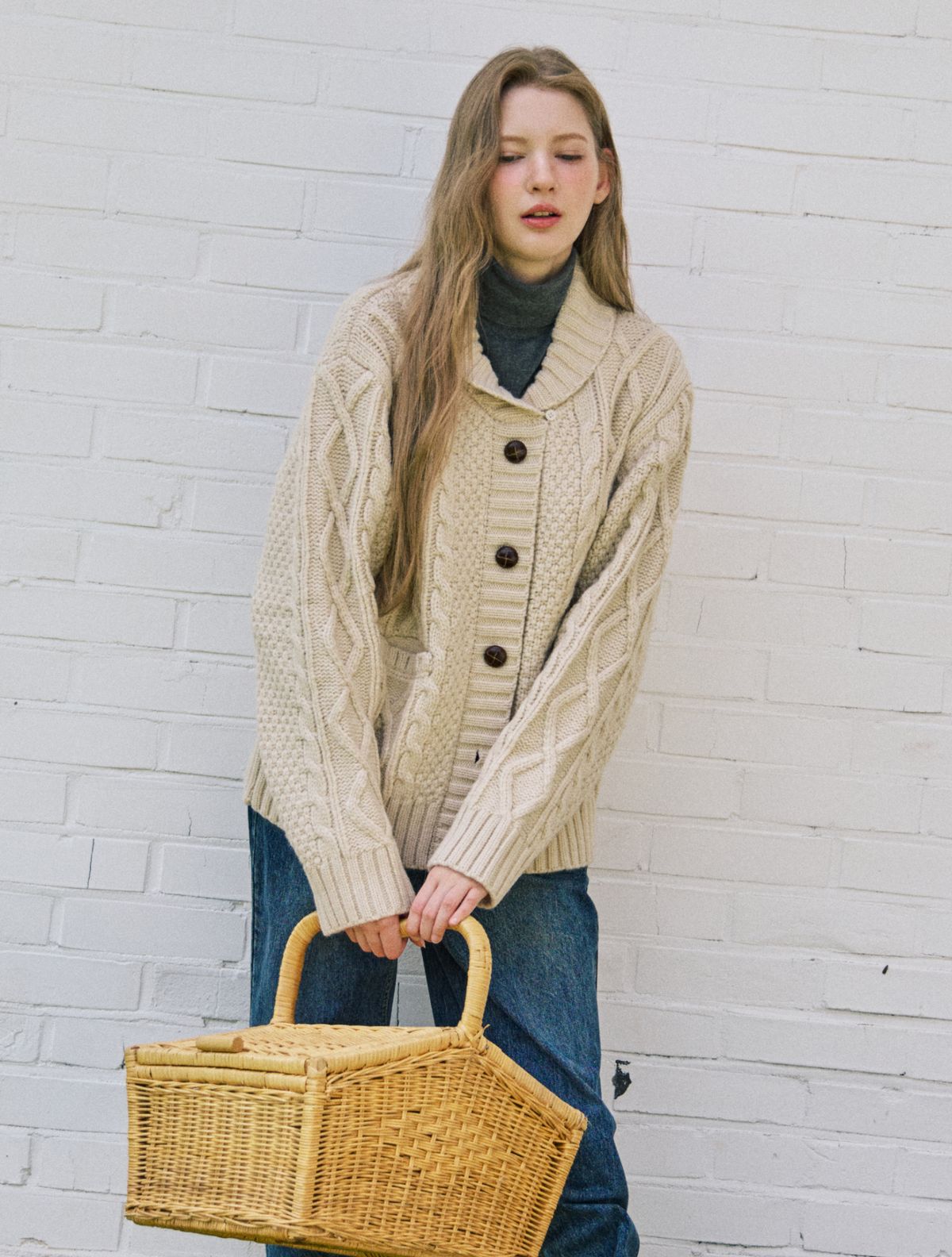 클루니(CLUNY) Aran shawl collar alpaca cardigan - beige