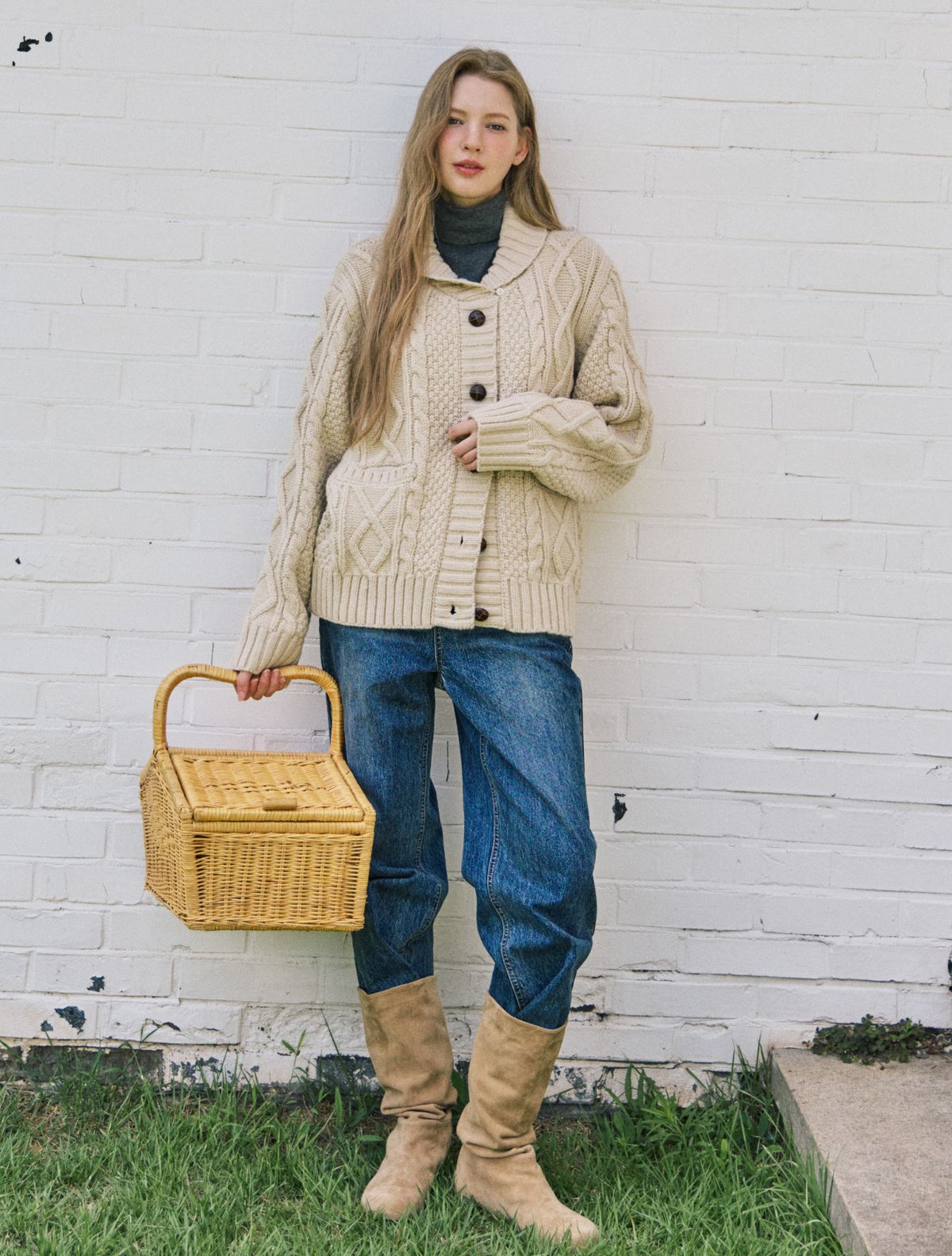 클루니(CLUNY) Aran shawl collar alpaca cardigan - beige