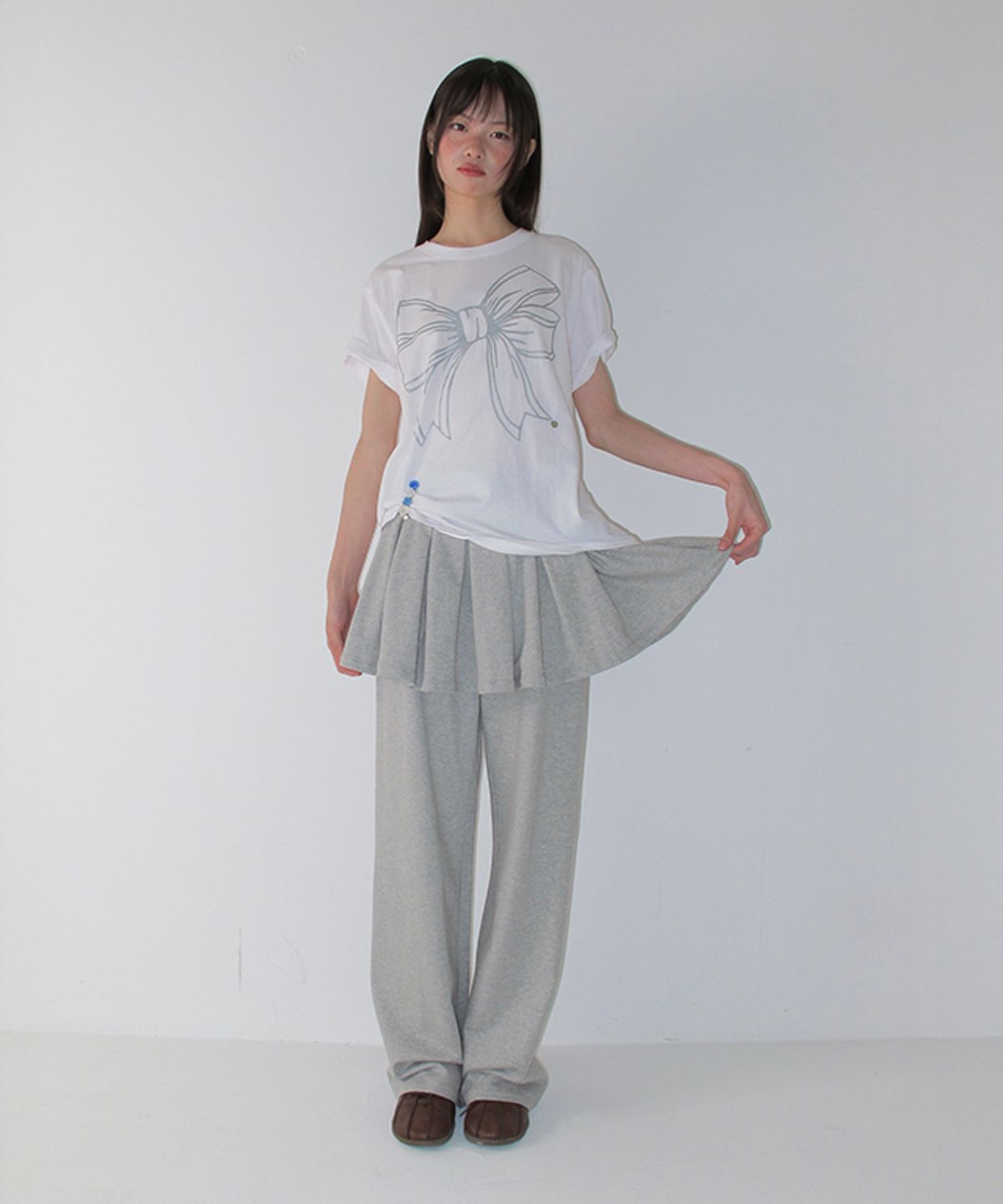 론론(RONRON) PEPLUM RUFFLE PANTSKIRT MELANGE GREY