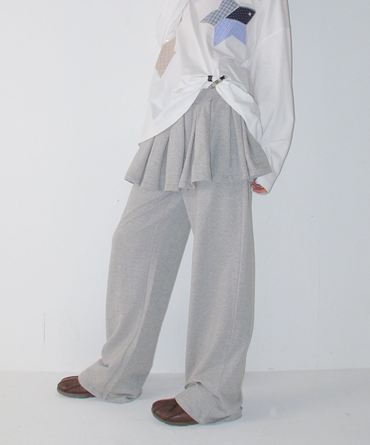 론론(RONRON) PEPLUM RUFFLE PANTSKIRT MELANGE GREY
