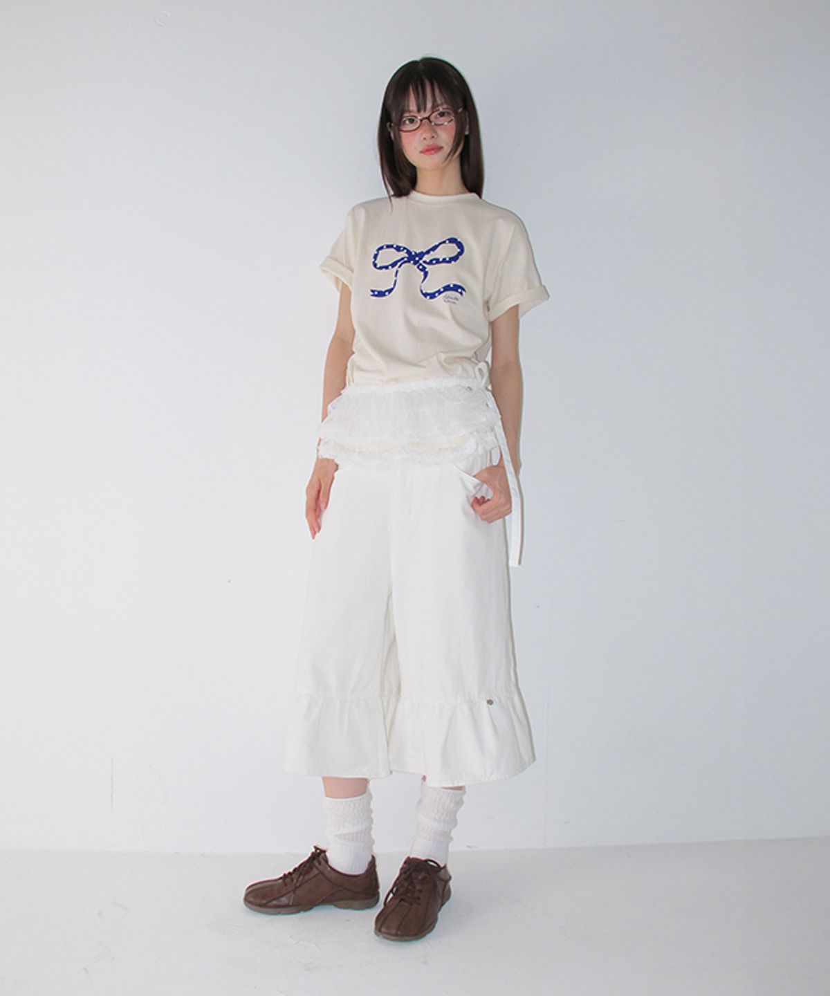 론론(RONRON) FLUFFY DOT RUFFLE MESH BELT WHITE
