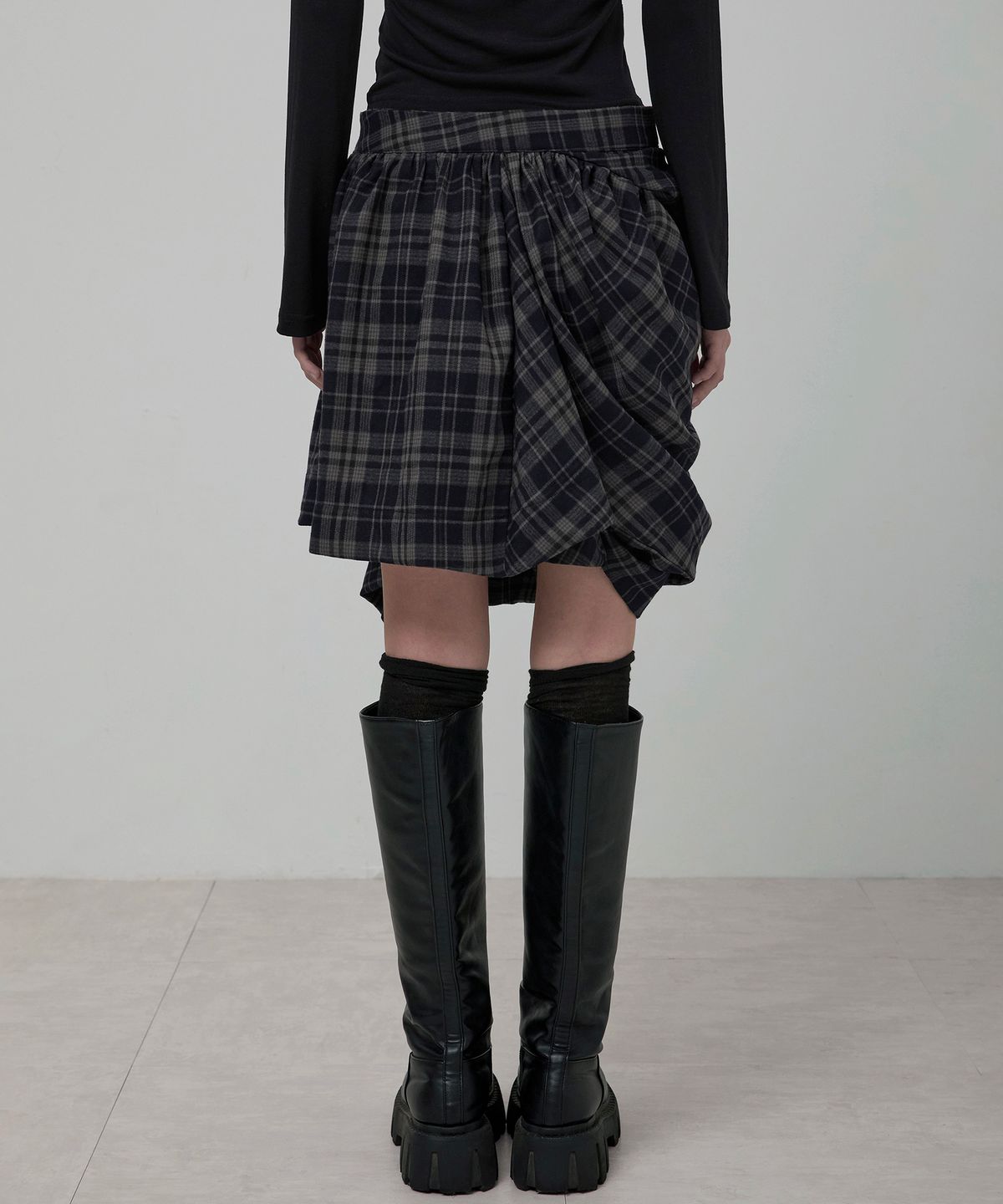 플레어업(FLAREUP) Asymmetrical Draped Layered Skirt (FL-252_Checkered)