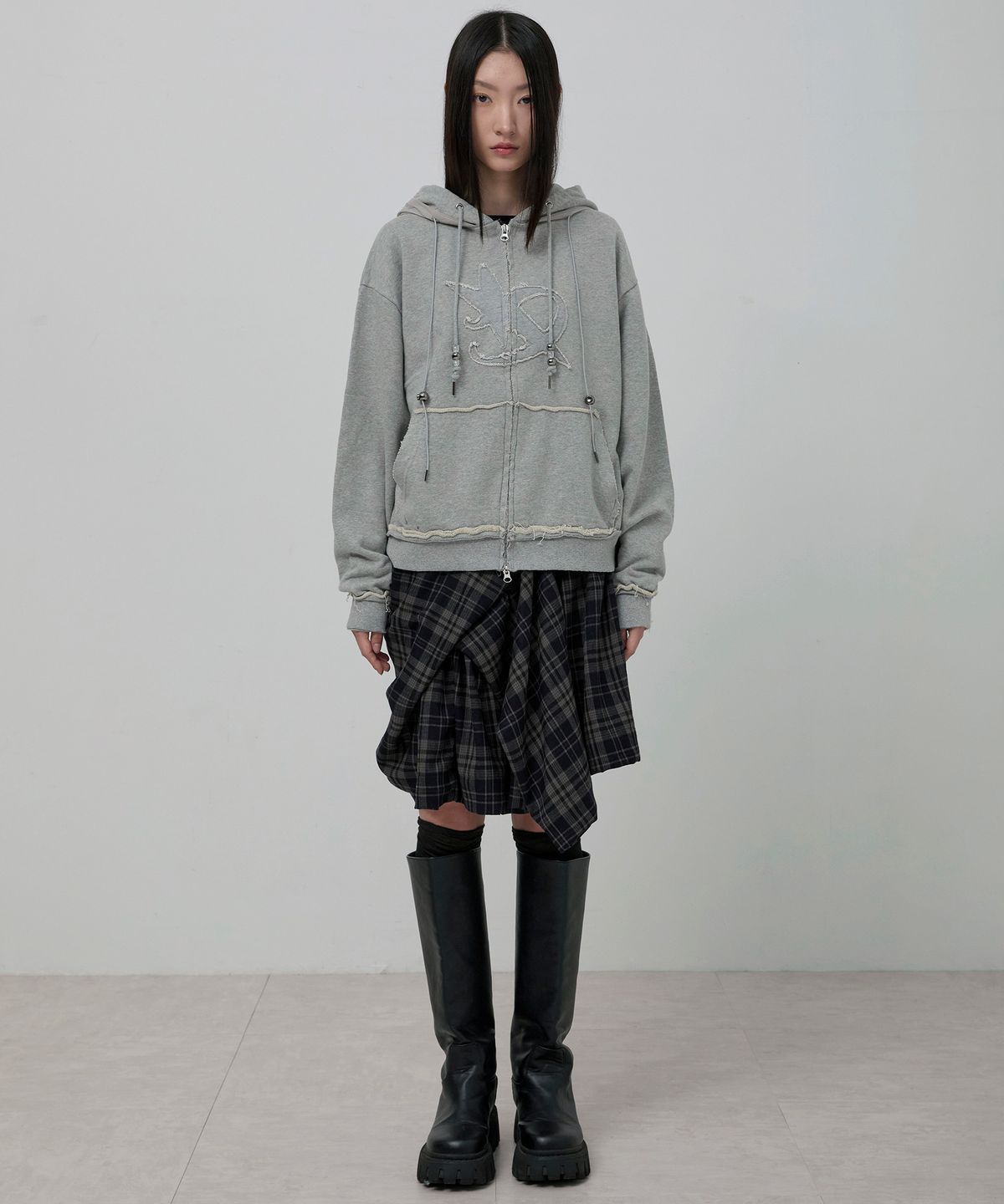 플레어업(FLAREUP) Asymmetrical Draped Layered Skirt (FL-252_Checkered)