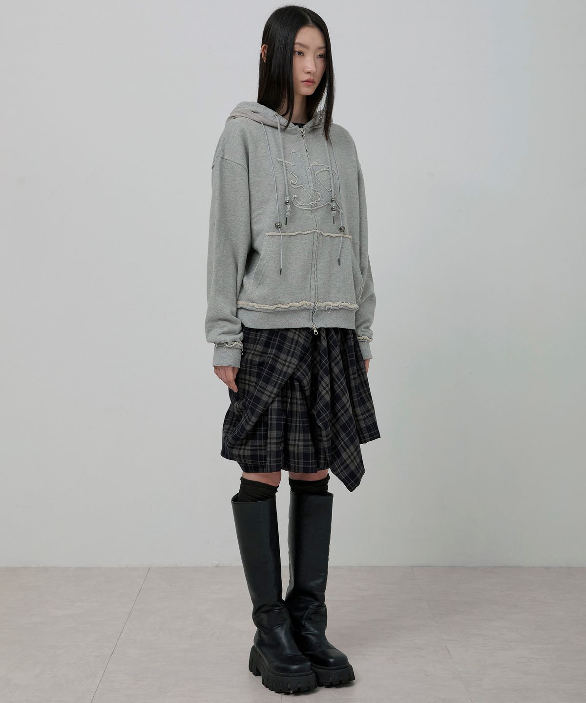 플레어업(FLAREUP) Asymmetrical Draped Layered Skirt (FL-252_Checkered)