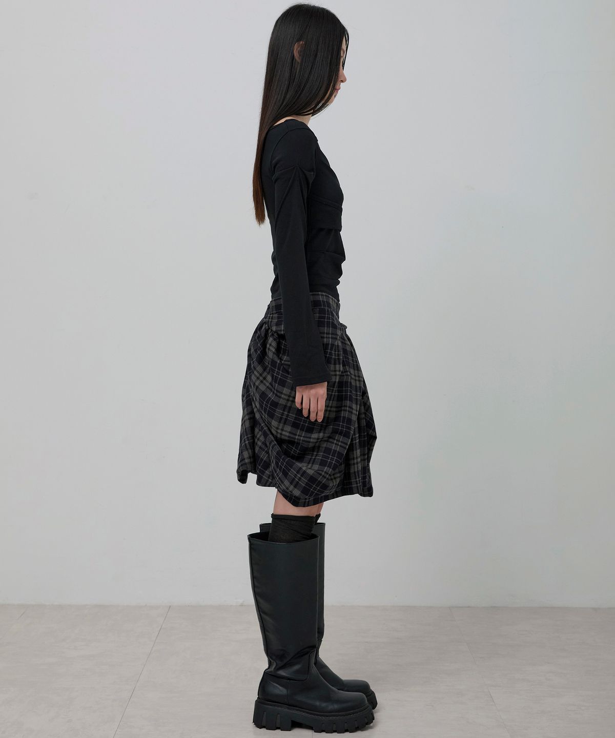 플레어업(FLAREUP) Asymmetrical Draped Layered Skirt (FL-252_Checkered)