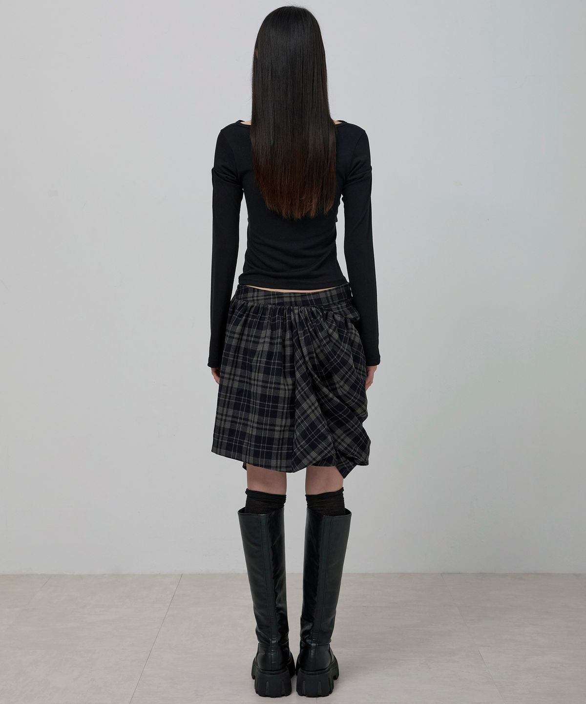 플레어업(FLAREUP) Asymmetrical Draped Layered Skirt (FL-252_Checkered)