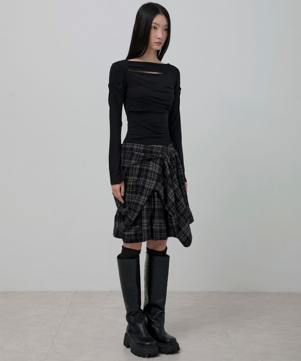플레어업(FLAREUP) Asymmetrical Draped Layered Skirt (FL-252_Checkered)
