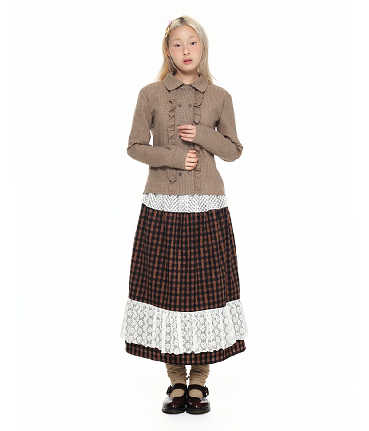 유쓰배쓰(YOUTHBATH) Double Button Frill Check Shirt_brown
