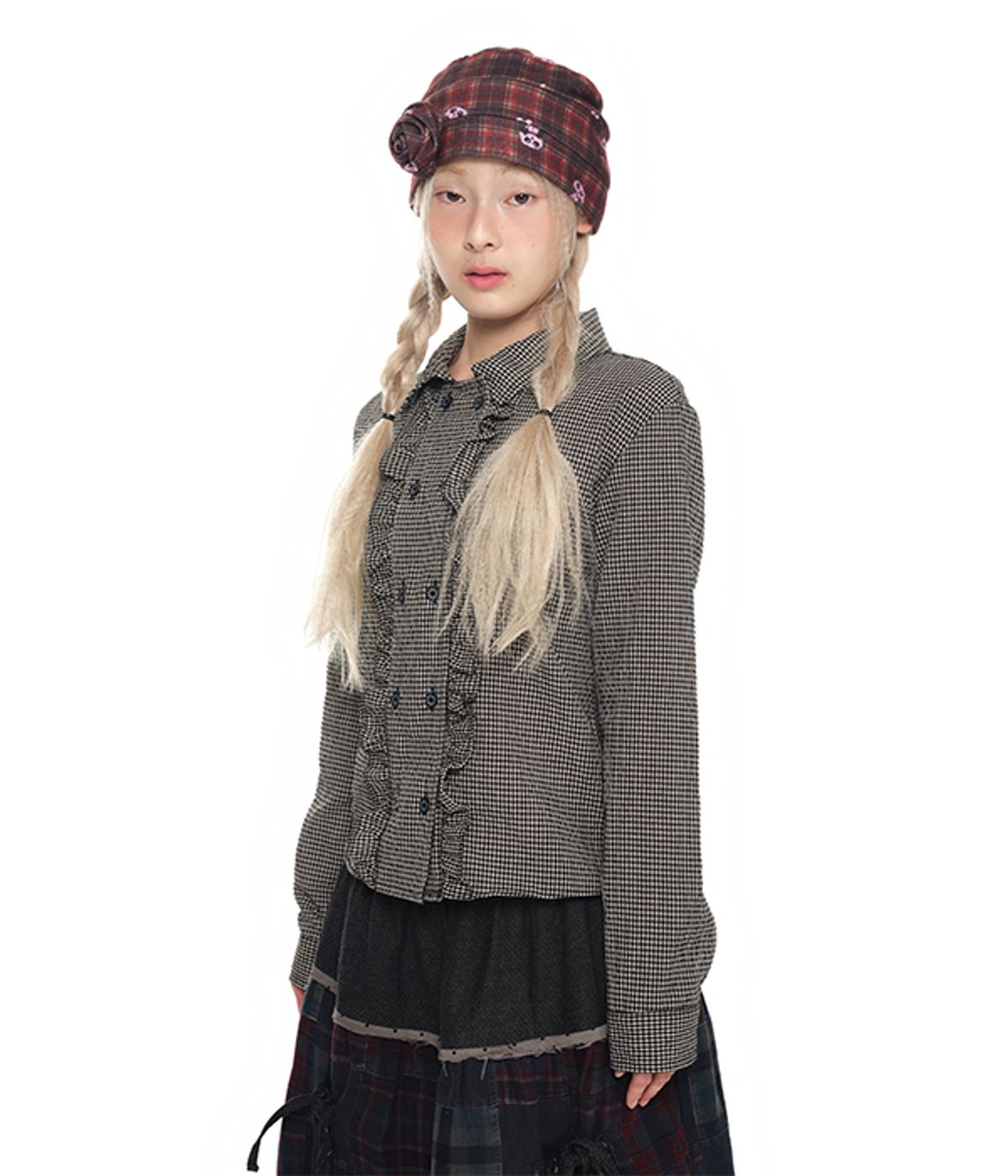 유쓰배쓰(YOUTHBATH) Double Button Frill Check Shirt_black