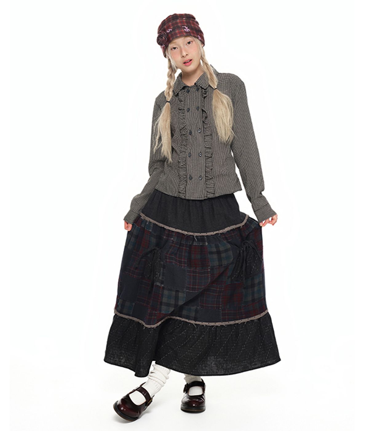 유쓰배쓰(YOUTHBATH) Double Button Frill Check Shirt_black