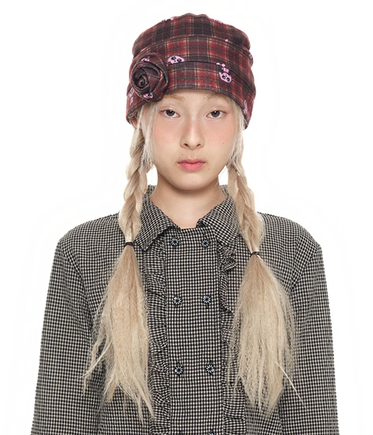 유쓰배쓰(YOUTHBATH) Corsage Checked Beanie_brown