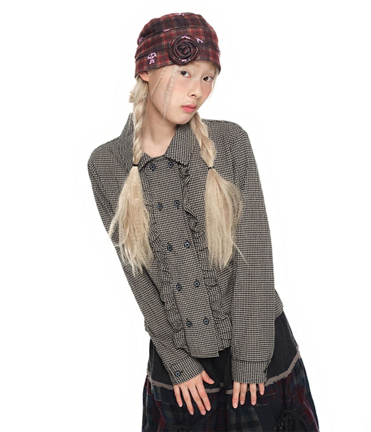 유쓰배쓰(YOUTHBATH) Corsage Checked Beanie_brown