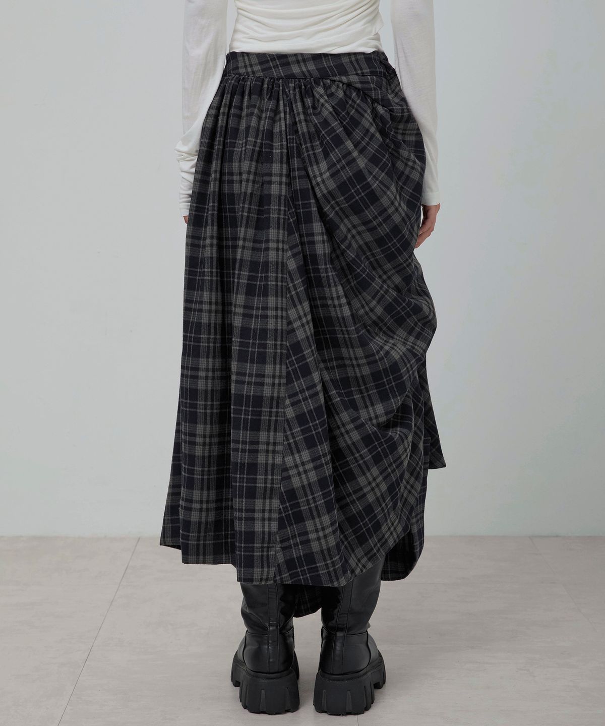 플레어업(FLAREUP) Asymmetrical Draped Layered Long Skirt (FL-256_Checked)
