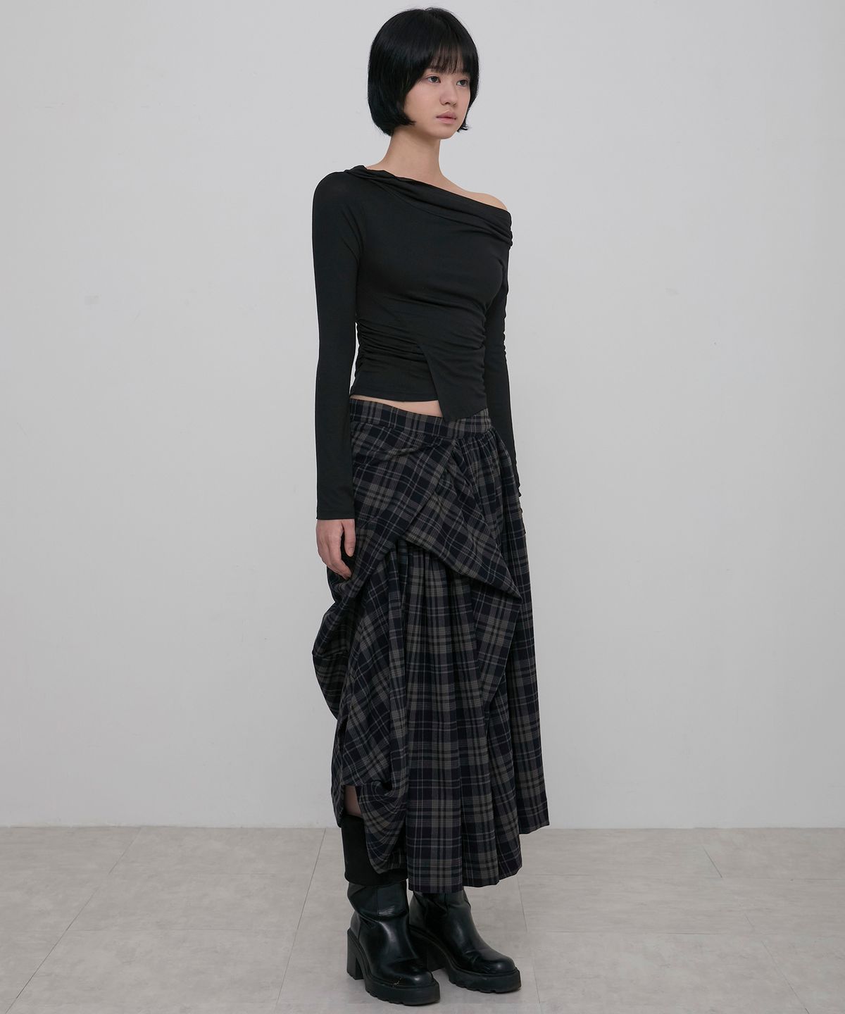 플레어업(FLAREUP) Asymmetrical Draped Layered Long Skirt (FL-256_Checked)