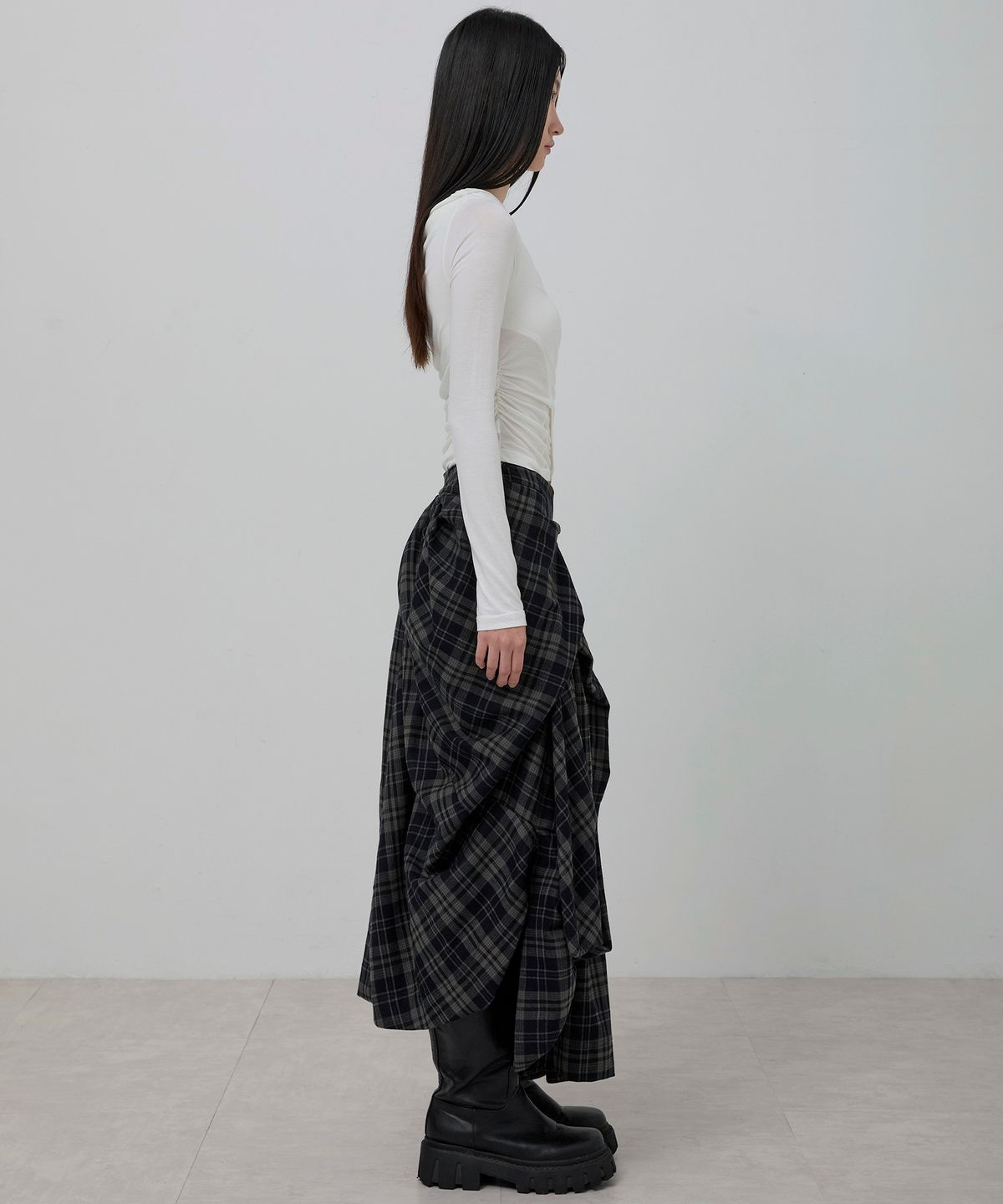 플레어업(FLAREUP) Asymmetrical Draped Layered Long Skirt (FL-256_Checked)
