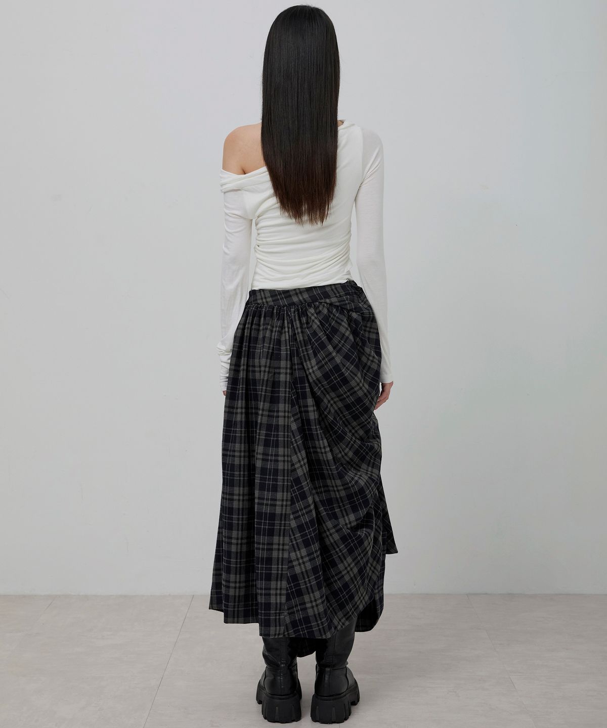 플레어업(FLAREUP) Asymmetrical Draped Layered Long Skirt (FL-256_Checked)