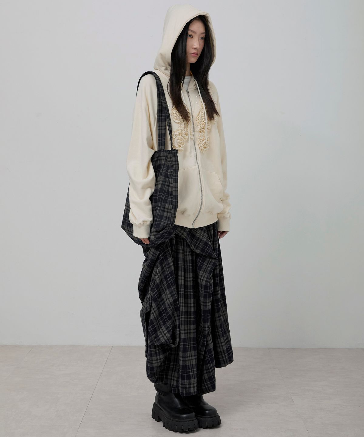 플레어업(FLAREUP) Asymmetrical Draped Layered Long Skirt (FL-256_Checked)