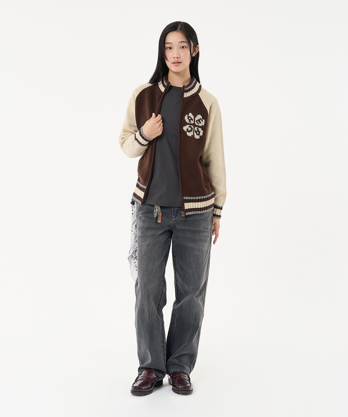 에이카화이트(AECA) AECA RAGLAN COLOR BLOCK ZIP UP KNIT-BROWN
