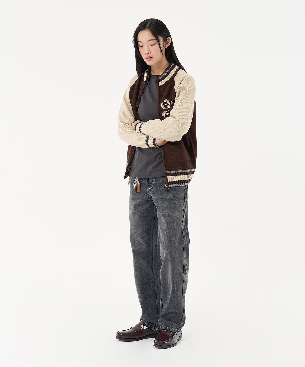 에이카화이트(AECA) AECA RAGLAN COLOR BLOCK ZIP UP KNIT-BROWN