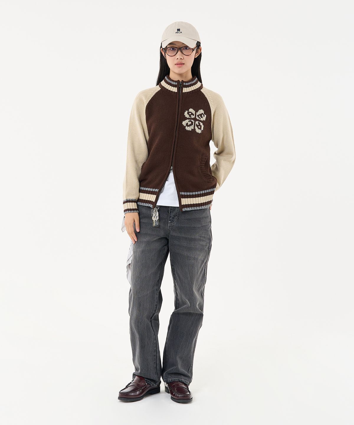 에이카화이트(AECA) AECA RAGLAN COLOR BLOCK ZIP UP KNIT-BROWN
