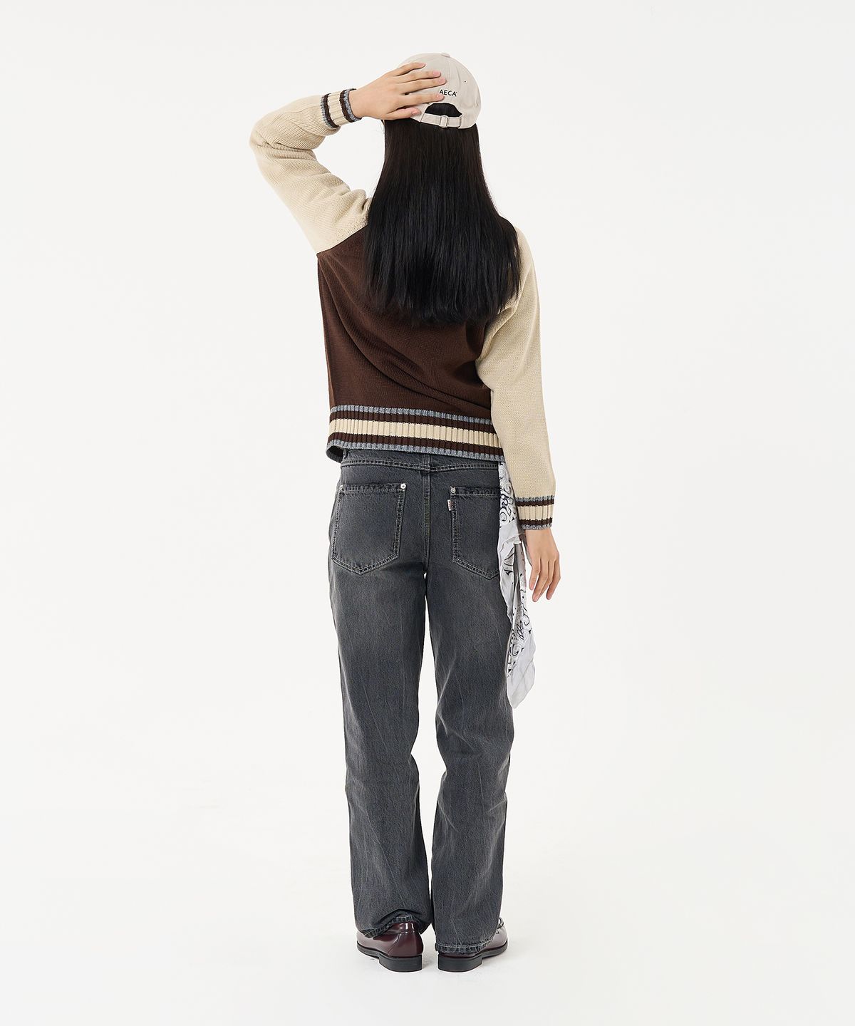 에이카화이트(AECA) AECA RAGLAN COLOR BLOCK ZIP UP KNIT-BROWN
