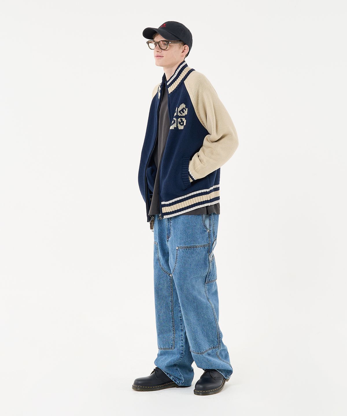 에이카화이트(AECA) AECA RAGLAN COLOR BLOCK ZIP UP KNIT-NAVY
