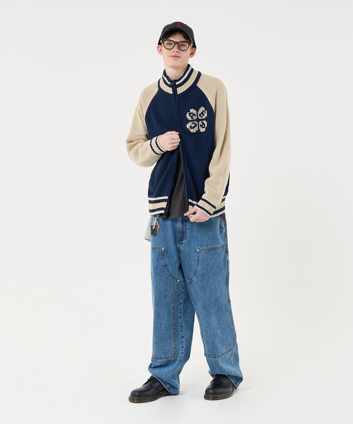 에이카화이트(AECA) AECA RAGLAN COLOR BLOCK ZIP UP KNIT-NAVY