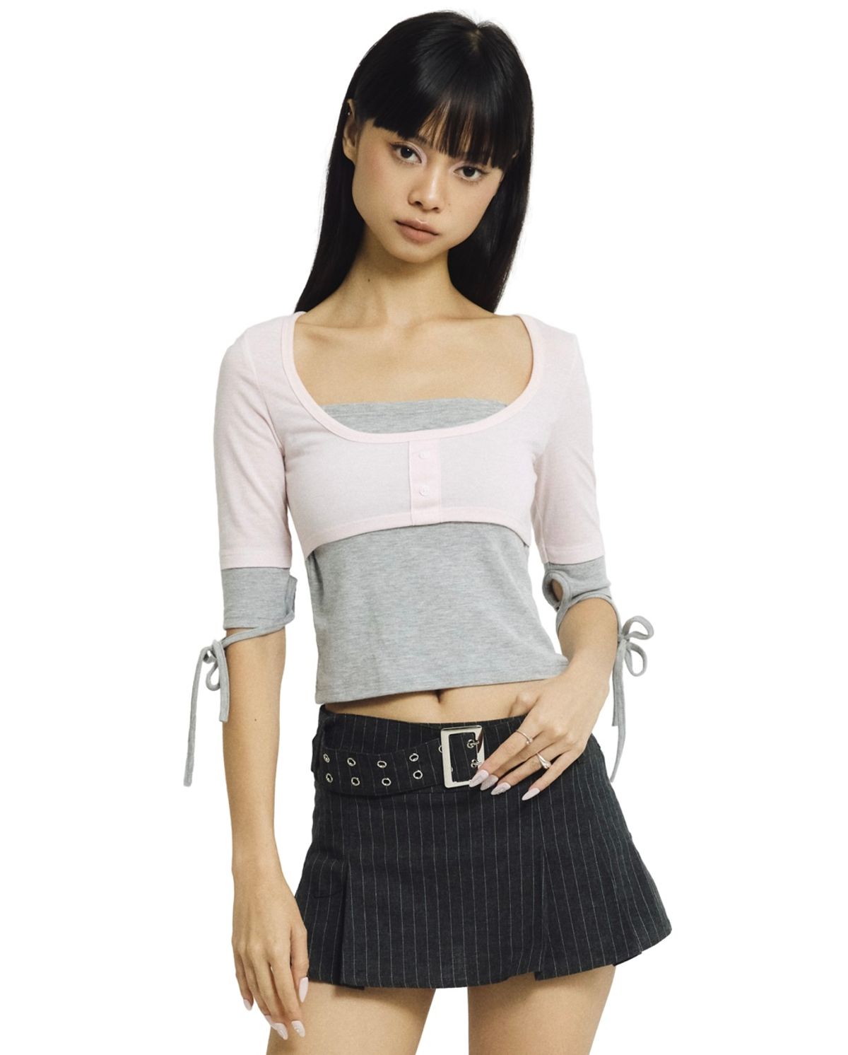 포어링(FORUSRING) Layered cake tee (pink-grey)